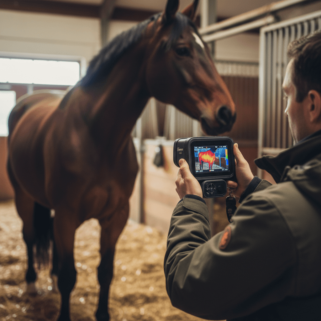 Technician scanning a horse with thermal camera